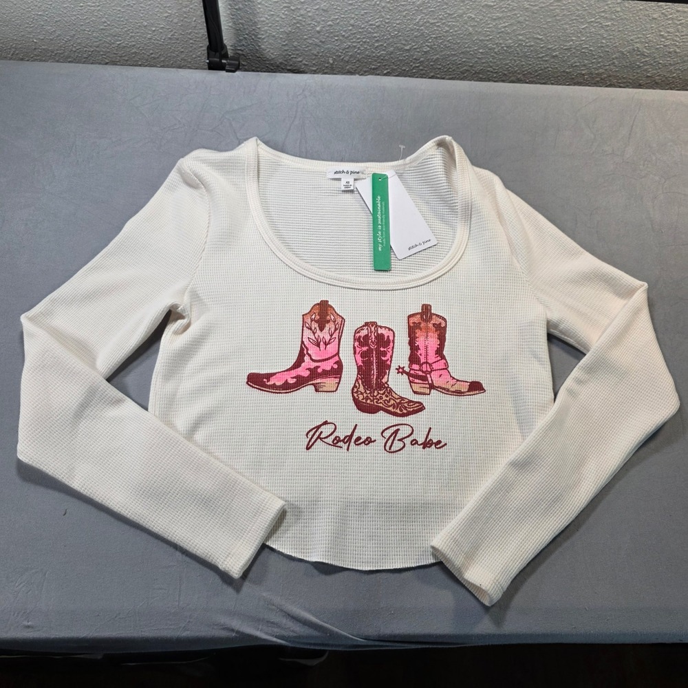 Stitch & Pine Rodeo Babe Graphic Waffle Knit Thermal Top Cream XS Cowboy Boots *